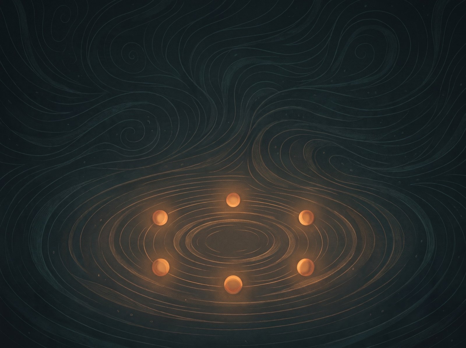 Five warm ember orbs arranged in a circle — a council of equals